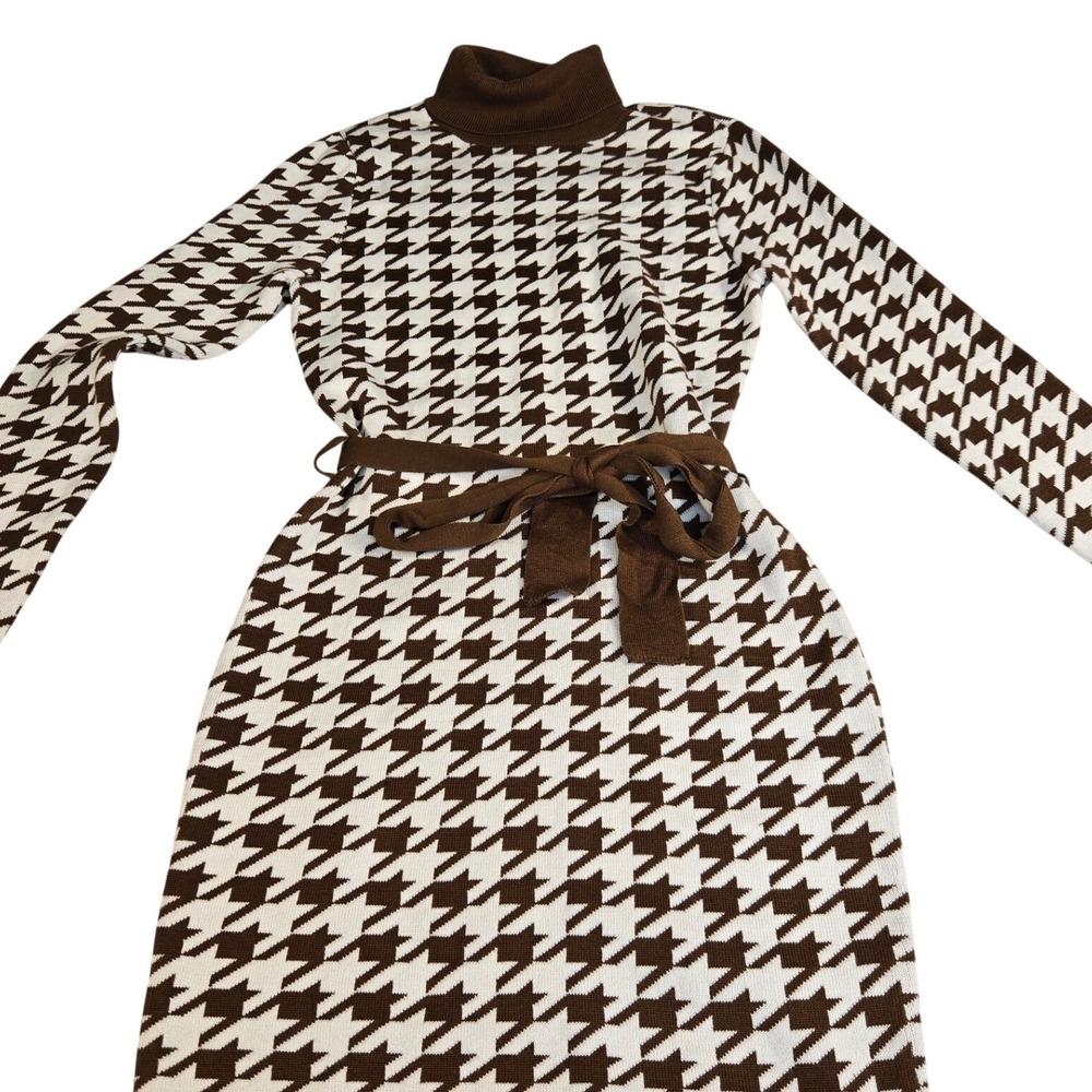 Coco and Shay Brown Houndstooth Turtleneck Knit Sweater Dress Belted Womens M